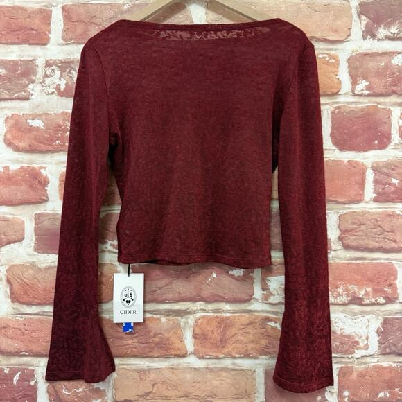 Cider Top Womens Large Burgundy Floral Abstract Burnout Sheer Stretchy Shirt - Picture 4 of 9